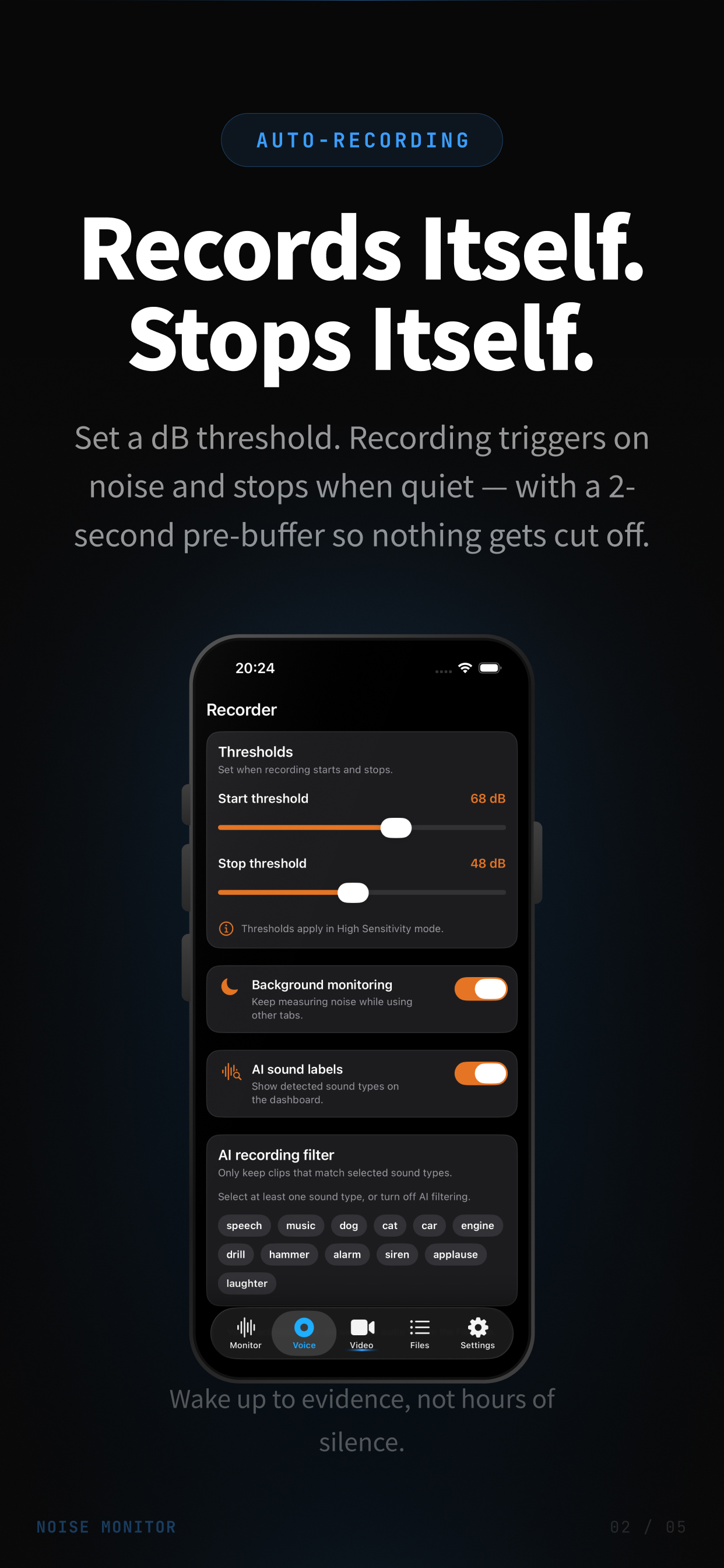 DecibelPro voice-activated recording with dB thresholds, background monitoring, and AI sound filters