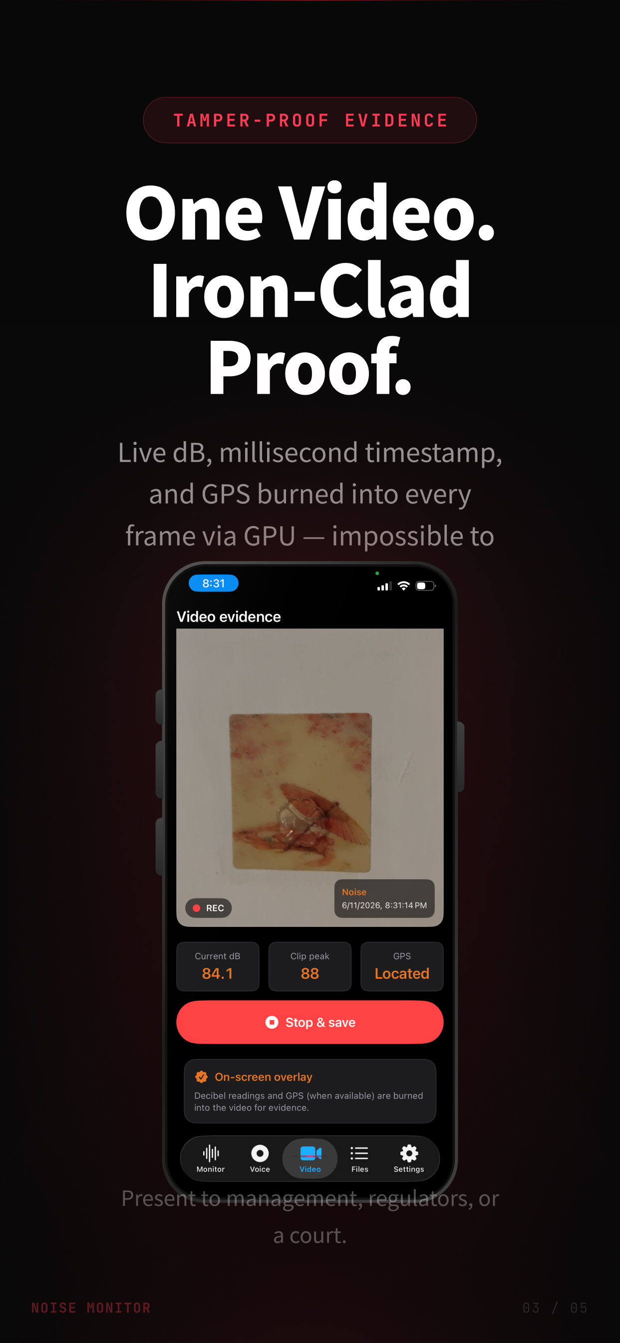 DecibelPro video evidence with decibel, timestamp, and GPS burned into every frame