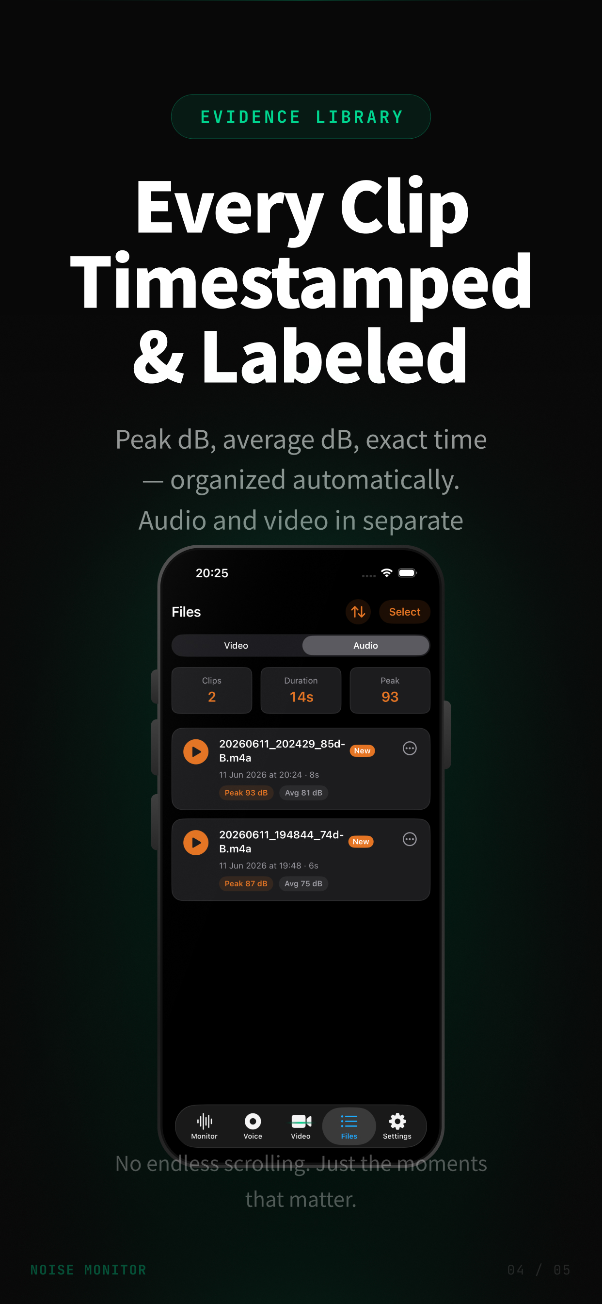 DecibelPro files library — timestamped audio and video clips with peak and average dB labels