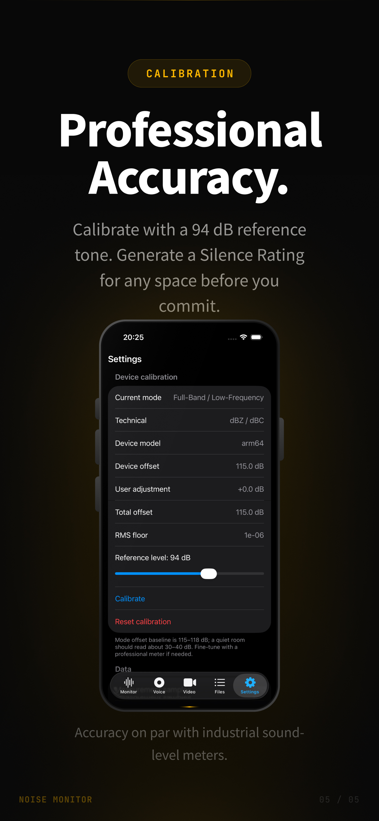 DecibelPro settings — device calibration with 94 dB reference and silence rating